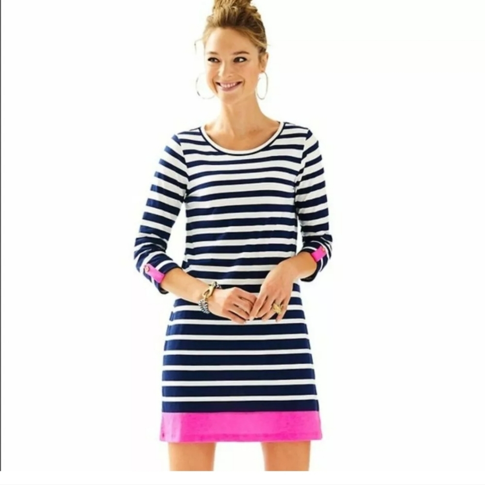 LILLY PULITZER Navy White Pink striped Linden A-line  Dress.